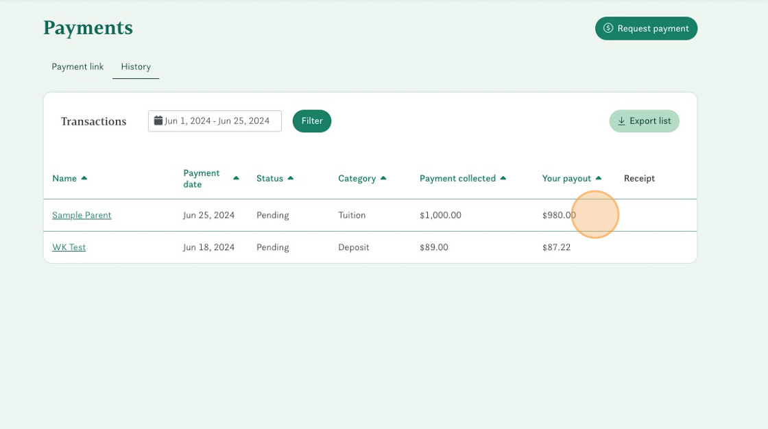 Requesting payment via Kinside app. - Step 13